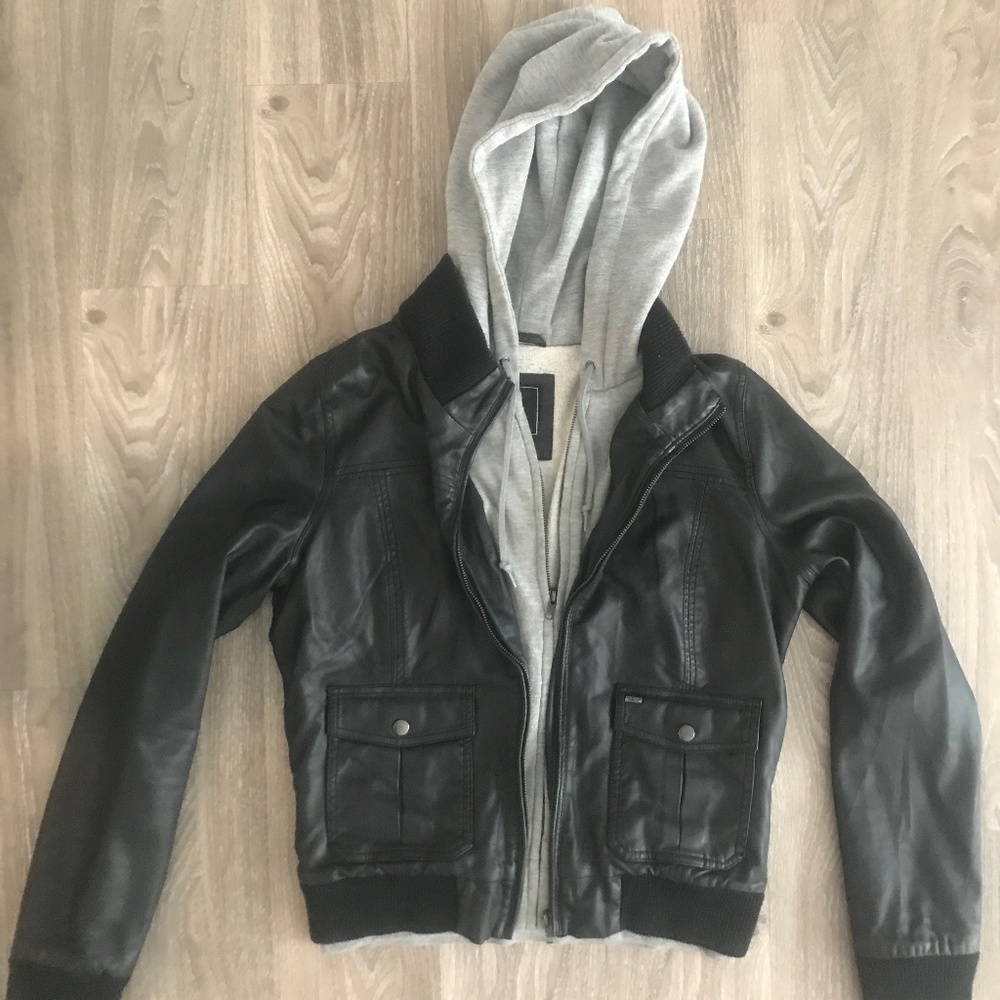 Women's OBEY Faux Leather jacket built in hoodie L